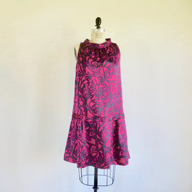 1960's Style Magenta Pink and Black Silk Print Mock Neck Sleeveless Halter Dress Open Back Knee Length Mark by Marc Jacobs Size Size Medium 