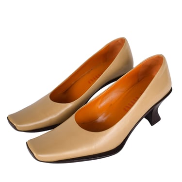 Miu Miu Vintage 1990s Beige and Brown Leather Square Toe Pumps