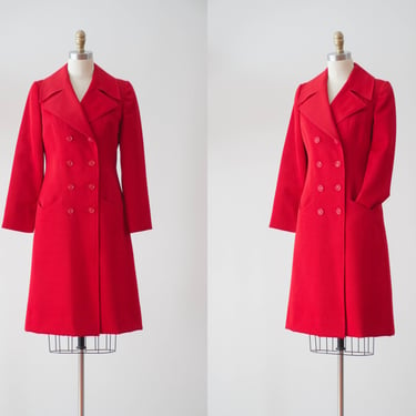 red vintage coat | 60s 70s vintage bright red nipped waist gabardine style lapel peacoat 