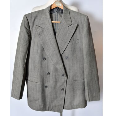 1940s Grey Double Breasted Suit Jacket Blazer, Men's Sport Coat, 1930's Gangster Lapels, Vintage, Antique, Art Deco era, Gray Wool Black 42 