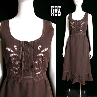 Lovely Vintage 60s 70s Brown Cutout Peasant Dress 