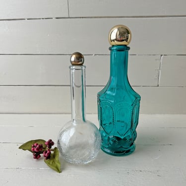 Vintage Pair Of Perfume Bottles // Crackled Glass Bottle, Avon Breath Fresh Bottle Turquoise // Perfect Gift 