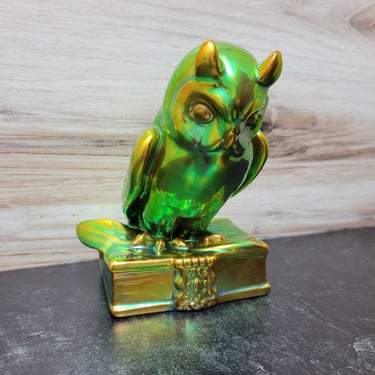 Zsolnay Owl on Book by Ferenc Ory Eosin Green - Hungarian Art Pottery 