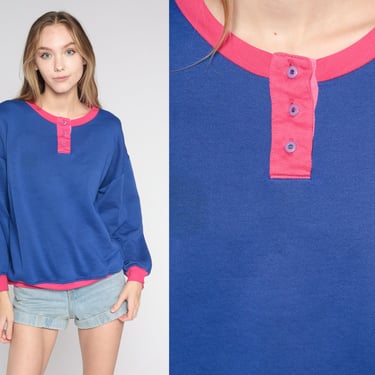 Henley Sweatshirt 80s 90s Blue Pink Quarter Button Up Long Sleeve Shirt Plain Pullover Sweater Retro Basic Top Vintage 1980s 1990s Medium M 