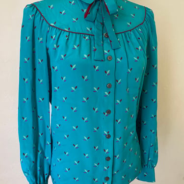 70s Vintage DVF Diane Von Furstenberg Silk Turquoise Pussy Bow Tie Blouse - Teal & Maroon Floral Print Long Sleeve Button Down Shirt 