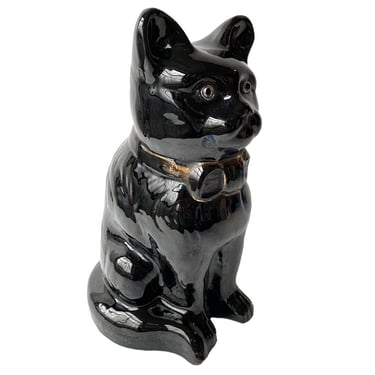 1890s Antique English Victorian Staffordshire Jackfield Earthenware Pottery and Glass Eyes, Black Cat Statue Figurine wearing a Gold Bow Tie 