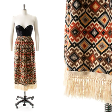 Vintage 1970s Maxi Skirt | 70s Ikat Geometric Cotton Linen Boho Earth Tones Fringe Skirt (small) 
