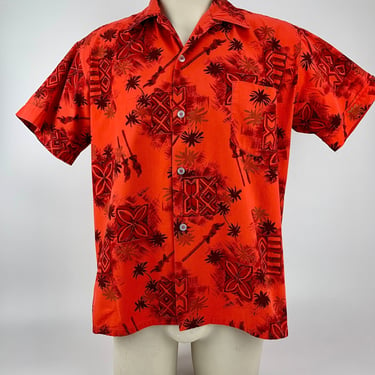1950'S-60'S HAWAIIAN SHIRT - All Cotton -  Patch Pocket - Loop Collar - Tiki Images & Palm Trees - Men's Size Large 