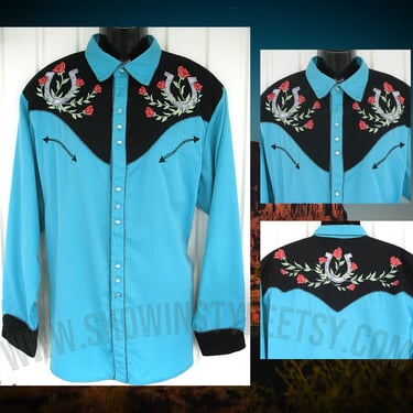 Scully Vintage Western Retro Men's Cowboy Shirt, Embroidered Horseshoes and Red Roses, Tag Size XLarge, Measures Larger (see meas. photo) 