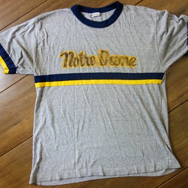 Vintage super worn in Notre Dame t shirt large medium super soft faded grey 70s 80s stripe ringer tee 