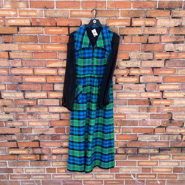 vintage 70s black blue green plaid sheer sleeve maxi dress / s small 