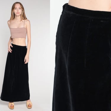 Black Velvet Skirt 60s Maxi Skirt Plain Long Simple Goth Retro Witchy Cocktail Hippie Festival Gothic High Waist Party Vintage 1960s Small S 