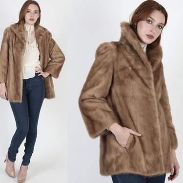 Womens Autumn Haze Mink Fur Coat / Vintage 60s Real Fur Cropped Jacket / Large Full Collar Jacket With Pockets 