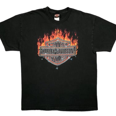 Vintage 2003 Harley Davidson Motorcycles Flaming Chrome Logo Made in USA Graphic Biker T-Shirt Size Large 