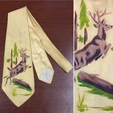 Vintage 1940’s Necktie, Hand Painted Buck Design, 1950’s Tie, Rockabilly Tie, Swing Tie, Mid Century Tie 