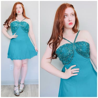 1990s Vintage Sterling by Stone Ferris Turquoise Silk Gown / 90s Beaded Bandeau Fit and Flare Mini Party Dress / Size Medium 