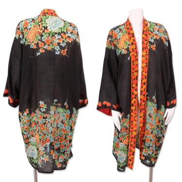 30s JAPAN black kimono wool challis print robe / vintage 1930s export KIMONO cherry blossom theme 20s flapper 