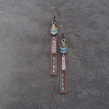 Long copper earrings, statement earrings, bold industrial earrings, stamped copper earrings, hammered metal earrings, diva, teal earrings 