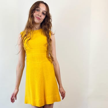 Vintage 60s Mod Bright Yellow Linen Mini Dress by Nina Ricci Paris Made in France 