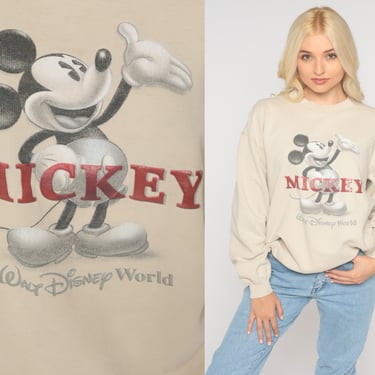 Y2K Walt Disney World Sweatshirt Disney Sweatshirt Mickey Mouse Graphic Cartoon Crewneck Vintage 00s Retro Taupe Medium 