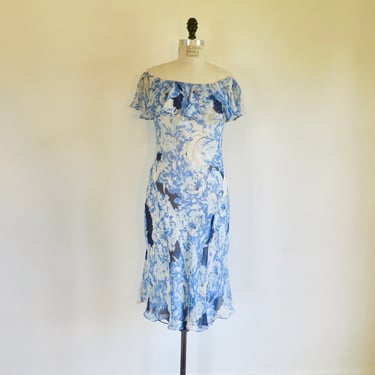 Vintage 1930's Style Blue White Floral Silk Chiffon Bias Cut Midi Dress Off Shoulder Neckline Spring Garden Tea Party Ralph Lauren Size 10 