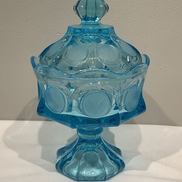 Vintage Fostoria Coin Ice Blue Glass Pedestal Compote Wedding Bowl w/Lid, 