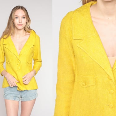 Bright Yellow Blazer 70s Tweed Jacket Retro Mod Preppy Button Up Coat Chic Formal 60s Jackie O Professional Collared Vintage 1970s Small S 