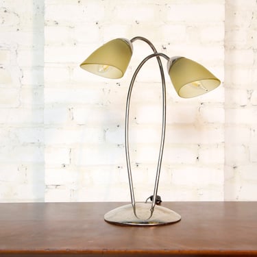 Vintage mcm chrome table lily lamp with two arms and thick mate glass shades 