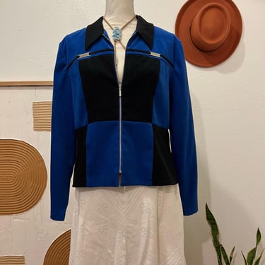 Vintage 90s Blue & Black Checkered Board Embellished Zip Up Jacket Top 