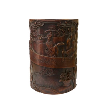Chinese Bamboo Relief Scholars Motif Carving Brush Pen Holder Art ws2139E 