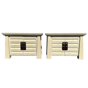 Post Modern Pair of Pencil Reed & Travertine Pagoda Side Tables 