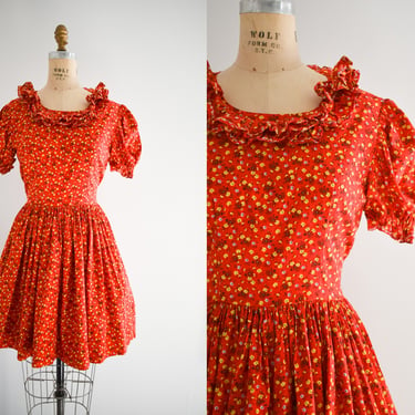 1960s/70s Red Calico Floral Square Dance Dress 