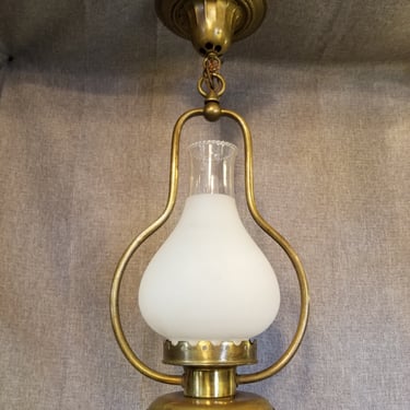 Electric Ceiling Mount Early American Brass Oil Lamp. 10 x 22