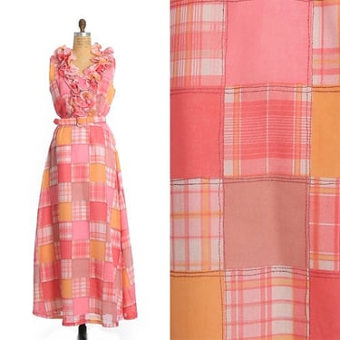 Vintage 70s pink ruffle patchwork print maxi Dress S 