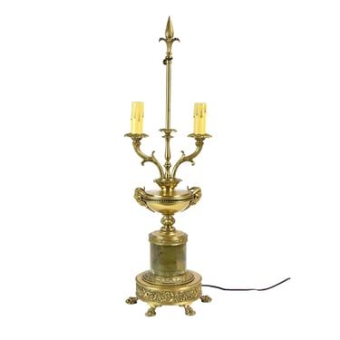 Neoclassical Bronze Green Marble Table Lamp w Ram’s Head Mounts 