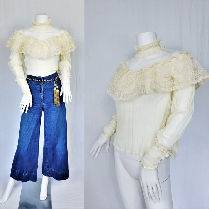 Romantic 1970's Cream Gauze Cotton Lace Ruffled Yoke Top I Blouse I Shirt I Sz Sm I Prairie Top I Unlabeled Gunne Sax 
