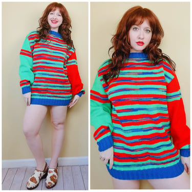 1980s Vintage Red and Blue Homemade Striped Acrylic Sweater / 80s Oversized Contrast Green Grandpa Cosby Knit Jumper / XL 