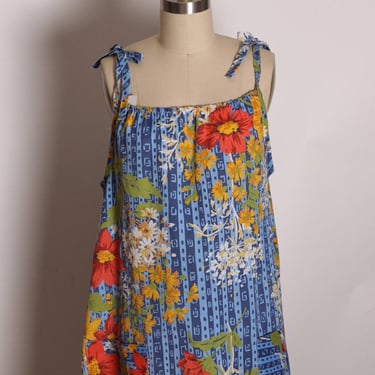 1970s Blue, White, Red and Green Floral Spaghetti Shift Dress -L 