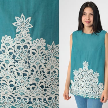60s Mod Tank Top Teal Blue Floral Embroidered Trim Sleeveless Blouse Tunic Top Retro Basic Sixties Vintage 1960s Cutwork Lace Small S 