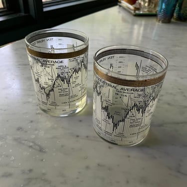 Vintage 1966-1976 Dow Jones Stock Market Cera Whiskey Glasses Financial Broker Drink Barware 