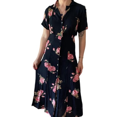 Vintage 1990s Equation Rayon Floral Rose Black Romantic Crepe Maxi Dress Sz M 