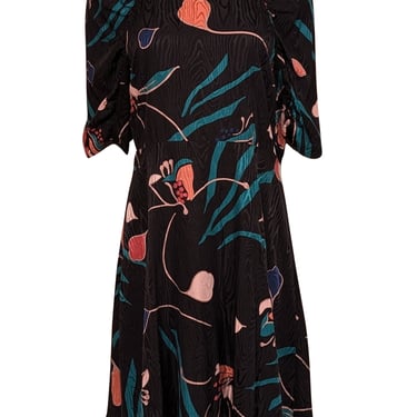 Rebecca Taylor - Black w/ Teal & Peach Botanical Print Silk Blend Dress Sz 8