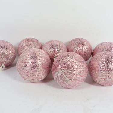 Vintage Pink Glitter Satin String Ball Ornaments - 8 Pink Satin String Tree Ornaments 