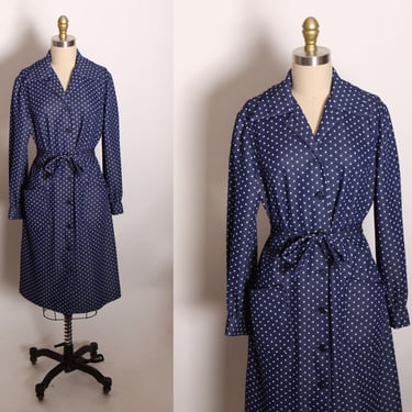 1970s Navy Blue and White Polka Dot Long Sleeve Pocketed Button Up Front Polyester Dress -L 