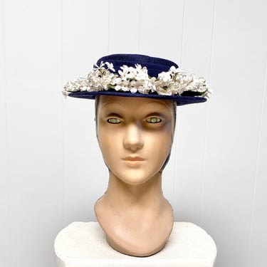 Vintage 1940s 1950s Navy Floral Hat, Small Brim Blue Fabric Boater, Vintage Spring Fashion 