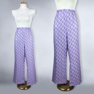 VINTAGE 70s Purple Floral Polyester Flared Pants Plus Size 33"-50" Waist| 1970s Leisure Suit Party Pants XL 1X 2X | VFG 