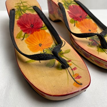 Vintage hand Painted wooden sandal~ clogs heeled sandals t strap floral flip flop flowers design platform chunky wedges 