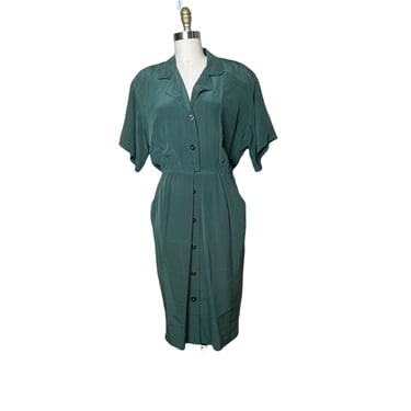 Vintage Ann Taylor Green Silk Button Down Dress with Pockets, Size 12 