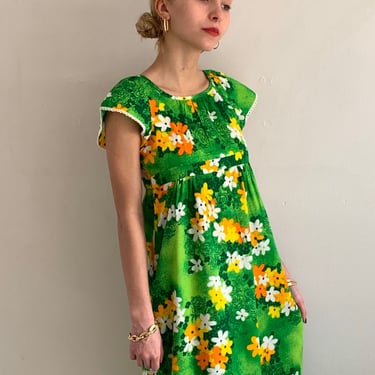 70s barkcloth Hawaiian maxi dress / vintage green tropical floral empire maxi sundress house muu muu dress | XXS XS 
