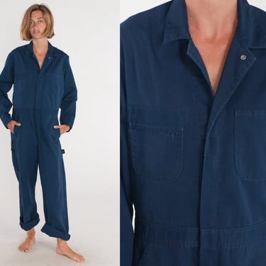 Navy Boilersuit 80s Coveralls Blue Long Sleeve Jumpsuit Workwear Boiler Suit One Piece Pant Work Wear Vintage 1980s Mens Medium 38 Tall 